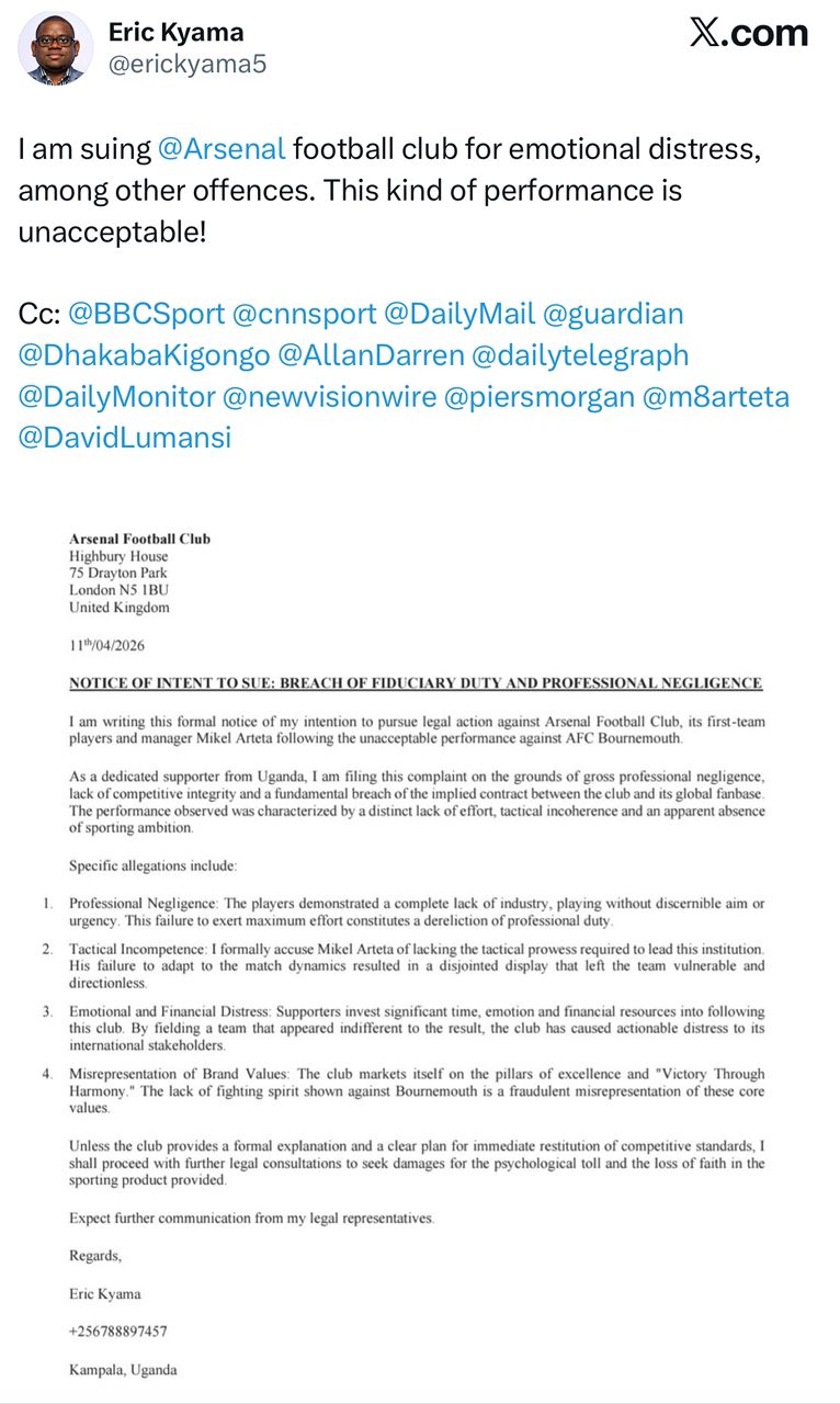 Arsenal fan threatens to sue the club for emotional distress, professional negligence after painful 2 - 1 defeat to Bournemouth